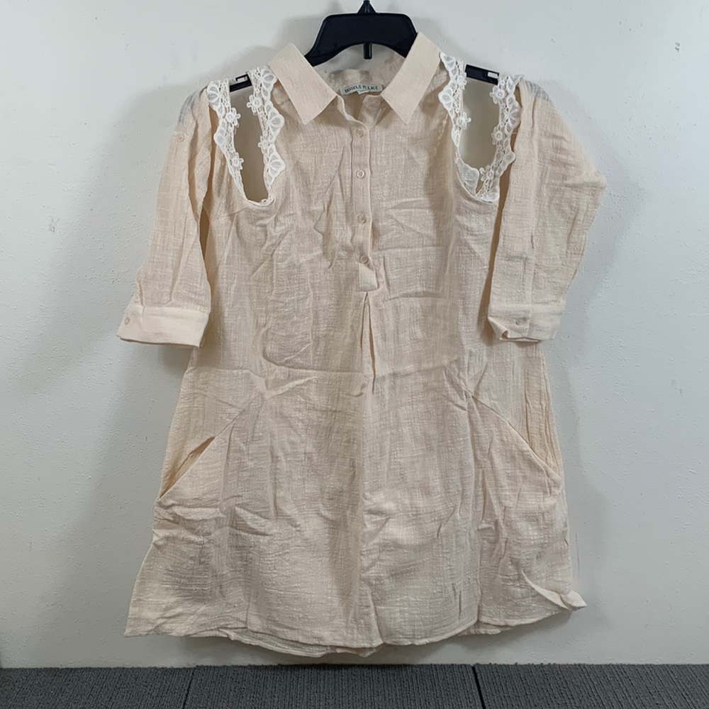 Tassels N Lace Cold Shoulder Mini Shirt Dress Women's Size S Cream Spring Fling